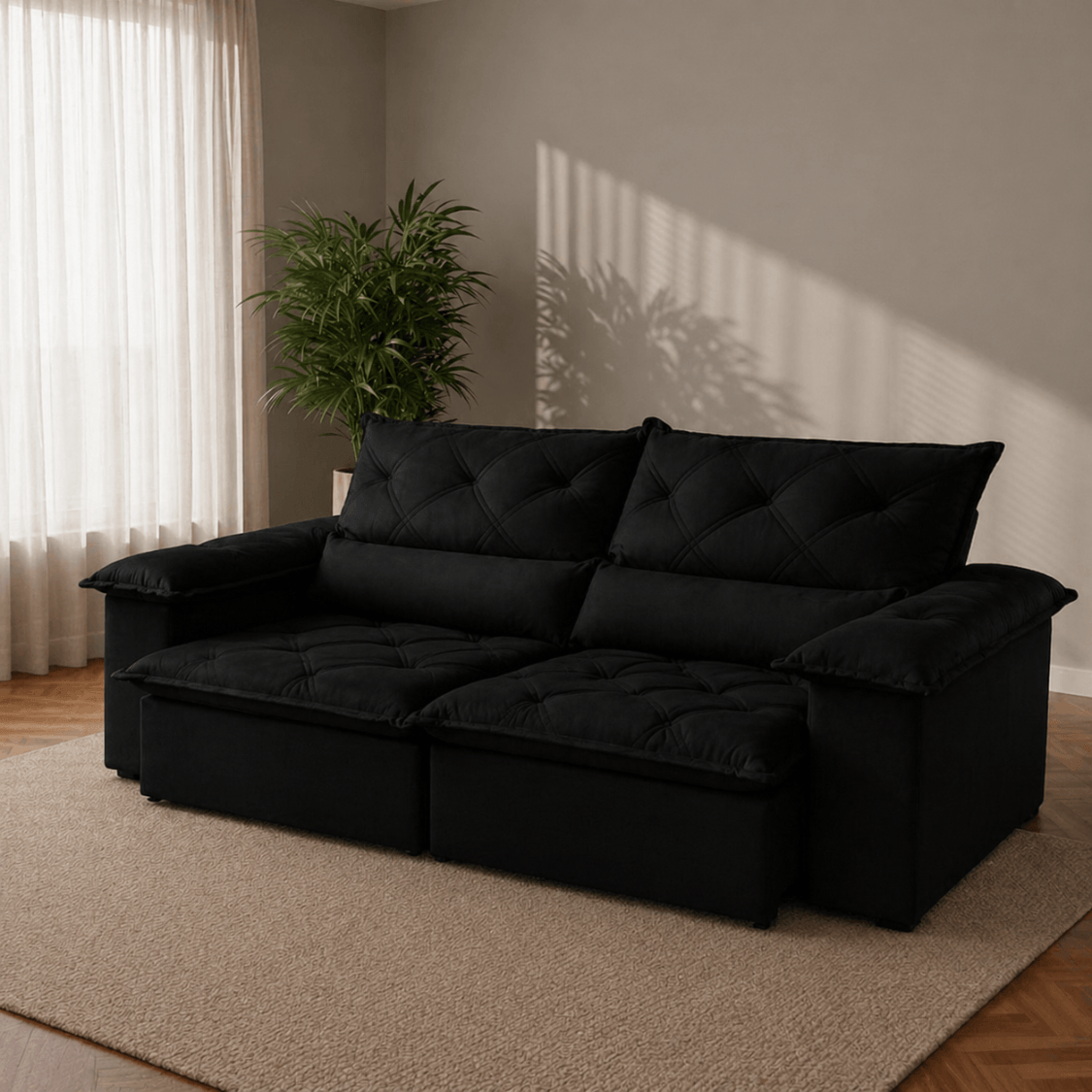 ①ソファ　 macomoco Sofá Monaco Retrátil e Reclinável - Preto - 200 cm